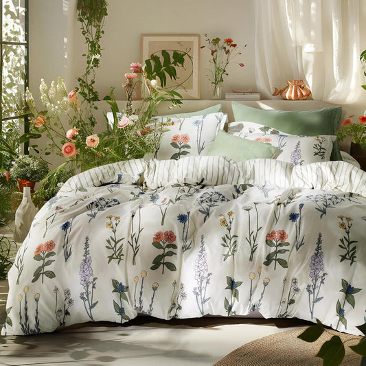 Comforter Set Queen Size - Cute Floral Bedding Comforter Set, 3 Pieces, 1 Soft Reversible Coconut White Botanical Flowers Comforter and 2 Pillow Shams