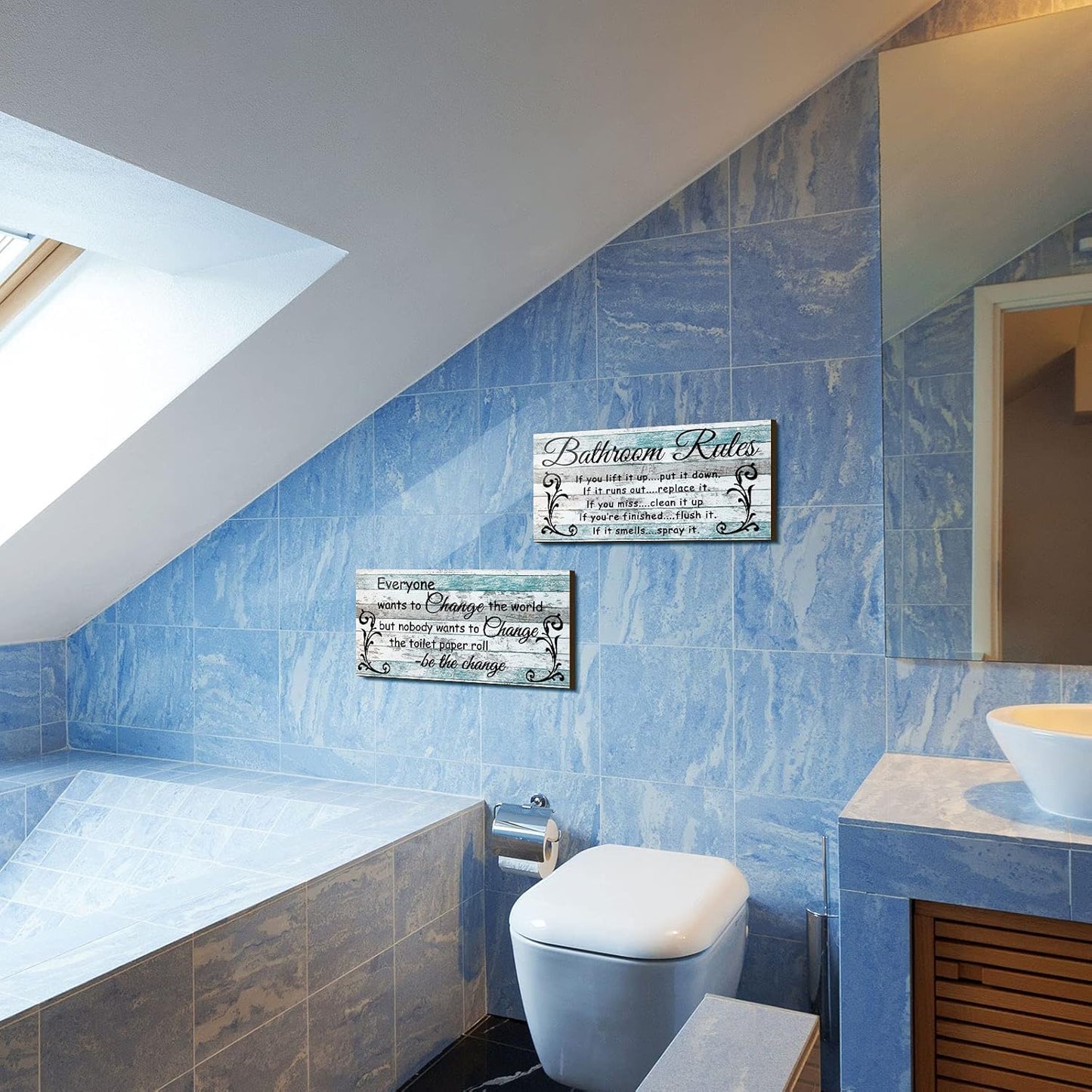 2 Pieces Funny Bathroom Signs Bathroom Wall Decor, Farmhouse Rustic Wooden Signs (Chic Style)