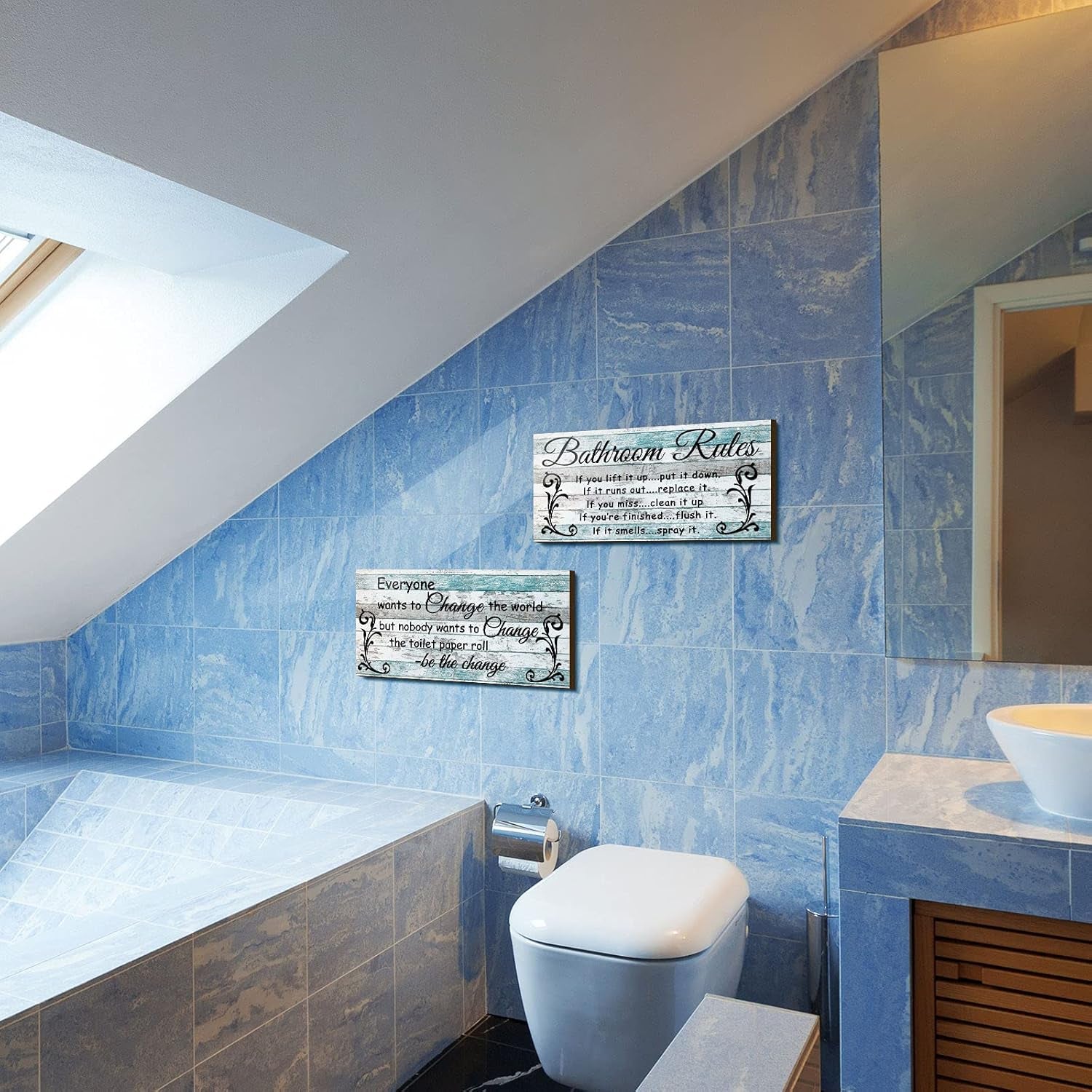 2 Pieces Funny Bathroom Signs Bathroom Wall Decor, Farmhouse Rustic Wooden Signs (Chic Style)