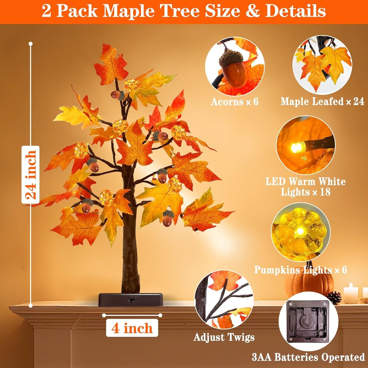 2 Pack 24 Inch Prelit Fall Maple Tree 48Leds Timer Acorn Pumpkin Lights, Battery Operated\