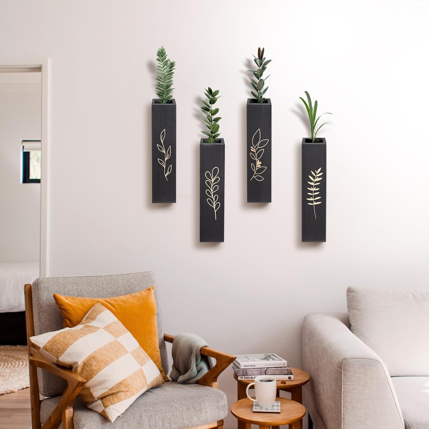 Farmhouse 4 Pack Wood Wall Planter, Indoor Pocket Wall Vases Decor (Black)