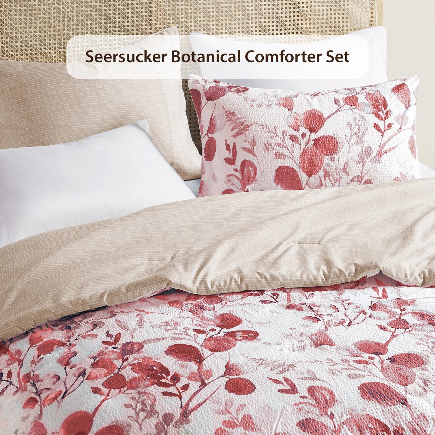 King/Cal King Comforter Sets, Reversible Seersucker Floral Bedding Sets, 3 Piece Lightweight Pink Blush Botanical Flowers Comforter Bed Set 