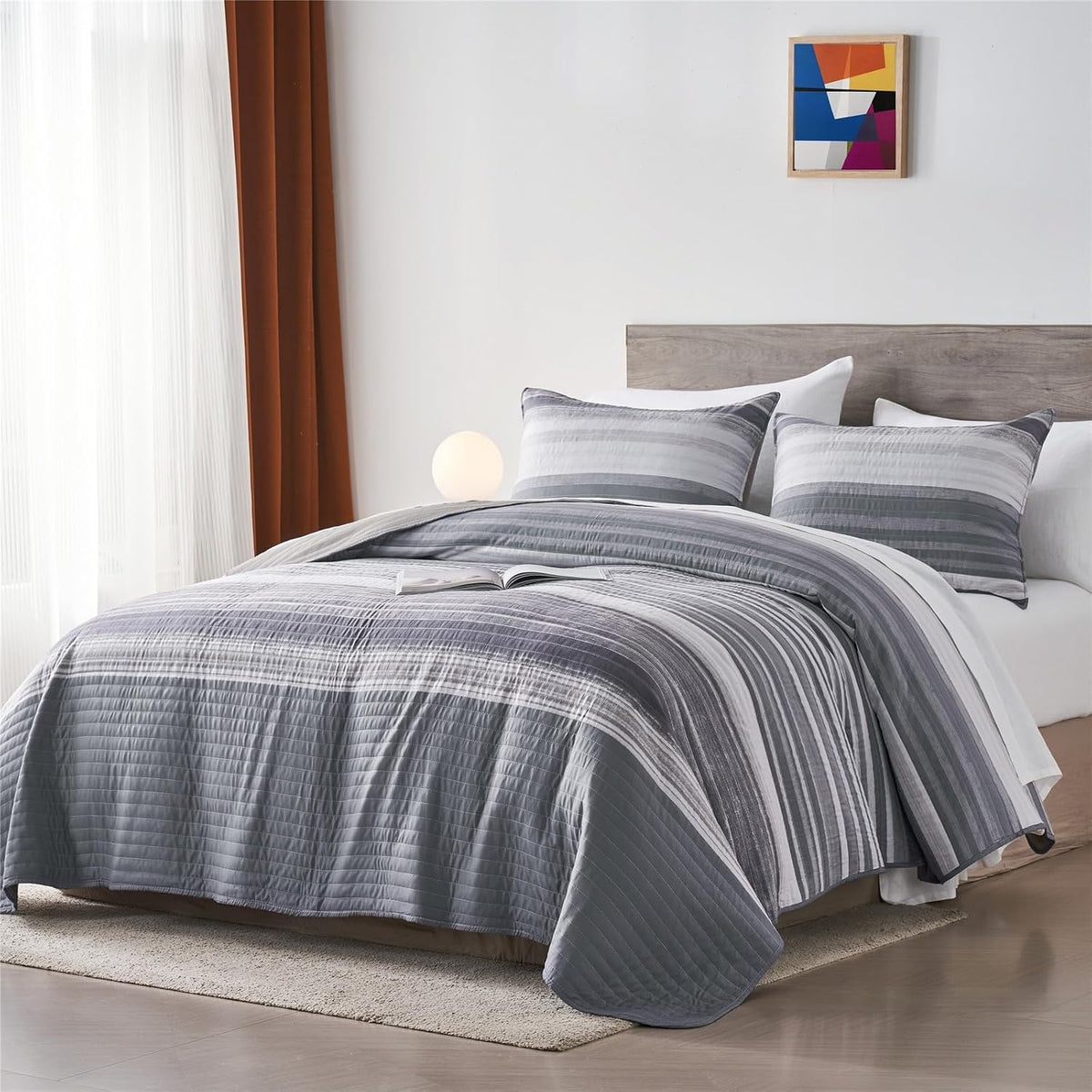 Striped King/Cal King Quilt Bedding Set, Soft Coverlet, Light Grey