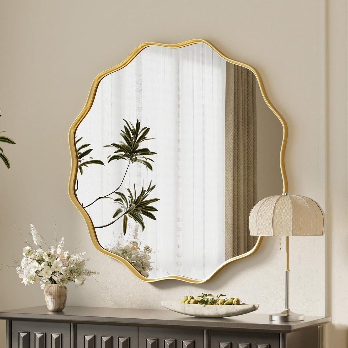 Gold Scalloped Circle Mirror, 24" Wavy Edge round Wall Mirror