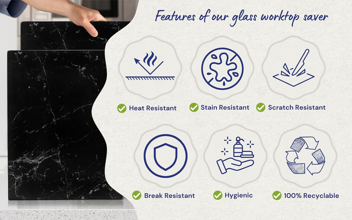 Glass Cutting Board 20”X16”: Tempered Glass Kitchen Counter Protector - Durable- Scratch-Resistant, Heat-Proof - Design 1 - Black Marble Effect