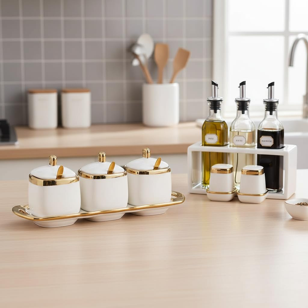 Sugar Bowl with Lid and Spoon, Ceramic Spice Containers for Countertop, Salt and Coffee Sugar Container Set, White Seasoning Bowls, Gold Condiment Container Set of 3 for Kitchen Coffee Bar