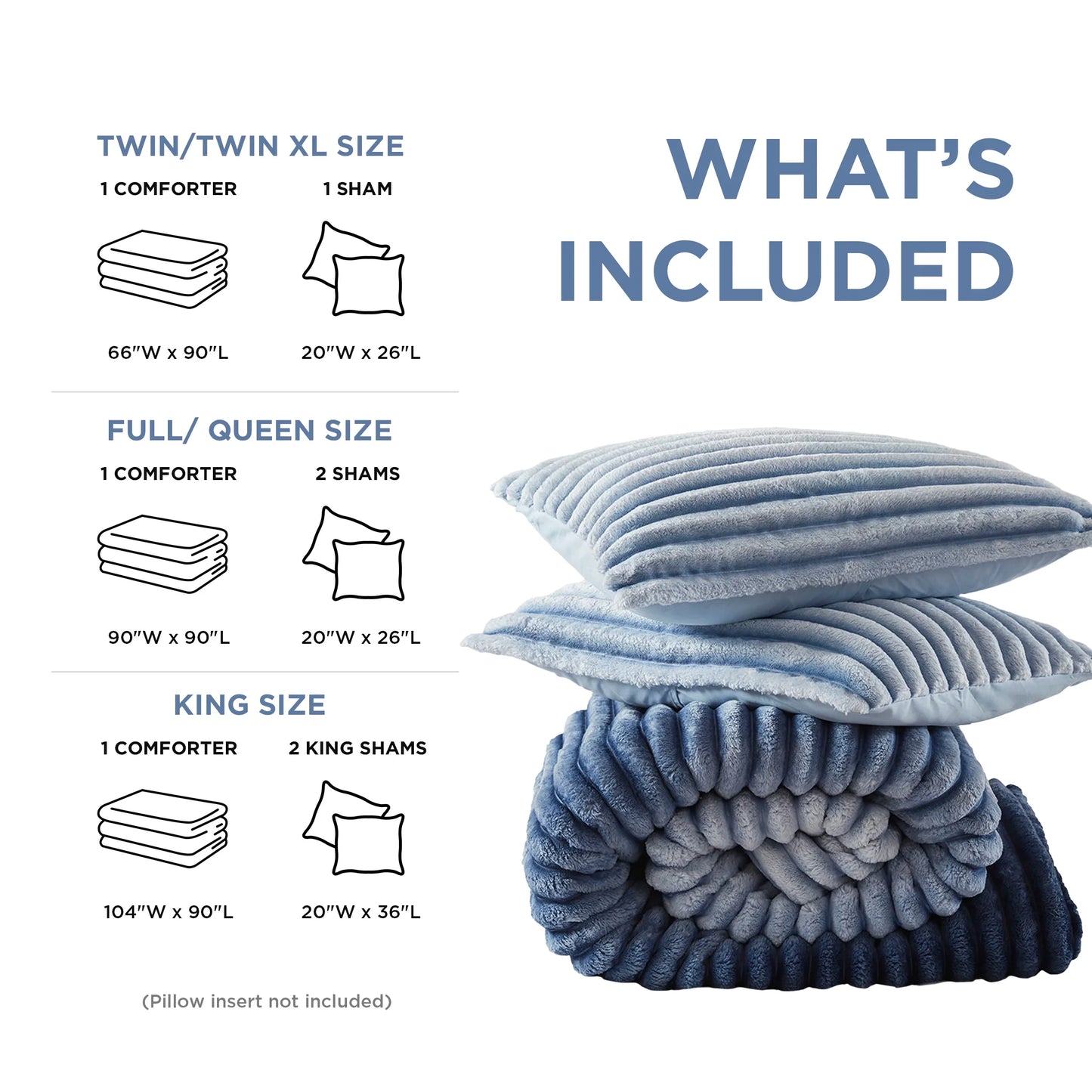 King/Cal King Fluffy Ribbed Plush Comforter Set 3-Piece Bedding Set Blue Ombre