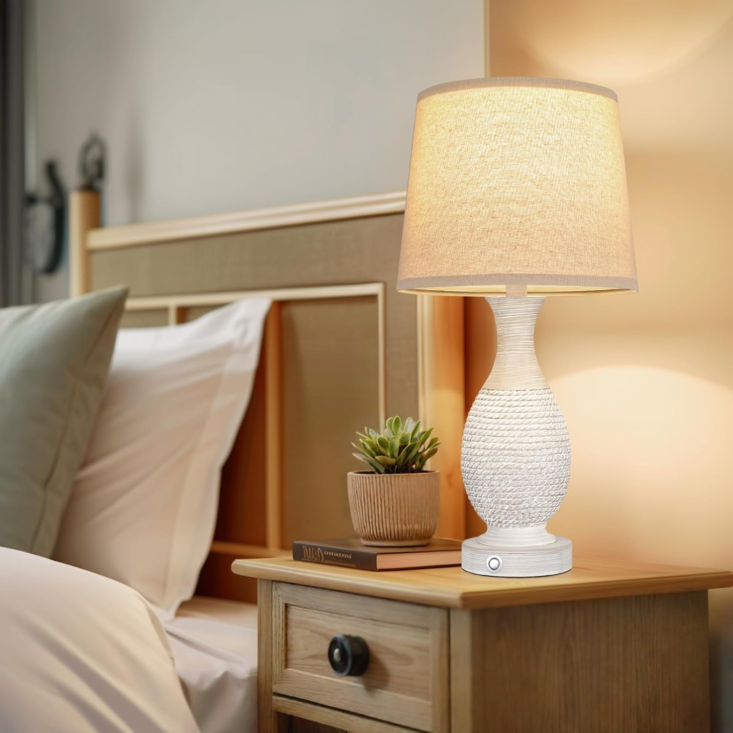 Farmhouse Side Table Lamps-Set of 2, 3-Way Dimmable Touch Lamps with Oat Fabric Shade (Bulbs Included)