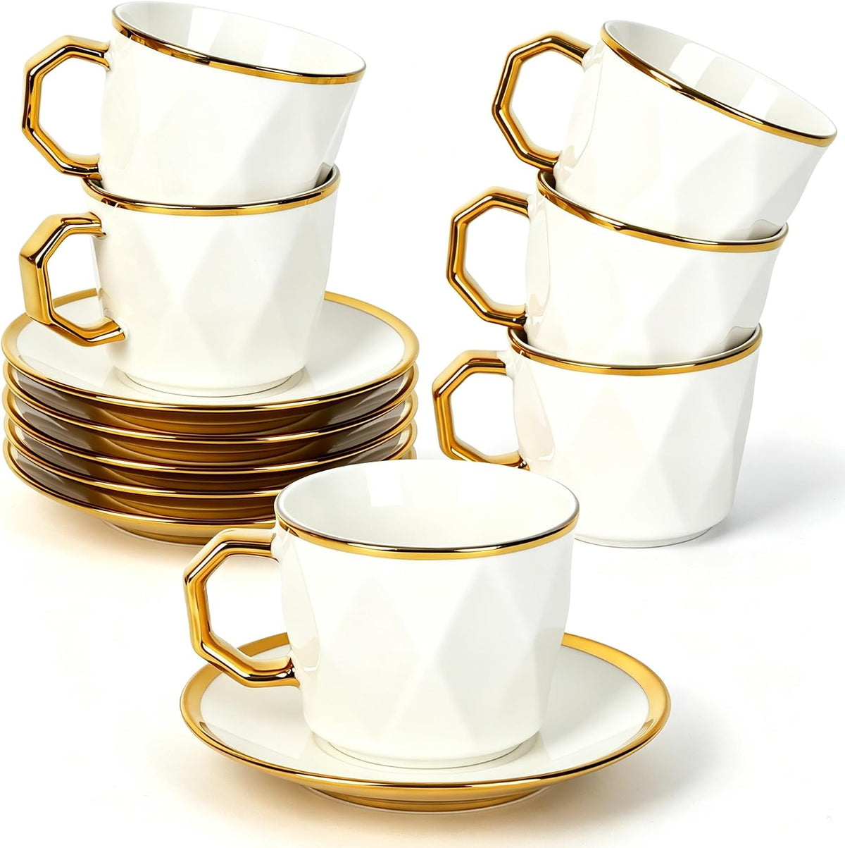 Coffee Cup Set of 6 with Saucers, 3.5 OZ Ceramic Demitasse Espresso Cups