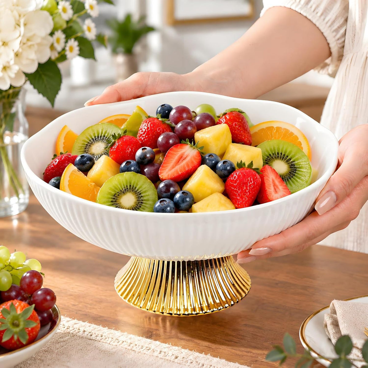 Ceramic Fruit Bowl with Golden Feet, 10 Inch