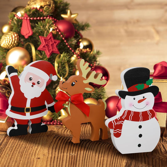 Snowman Christmas Decorations Indoor, Set of 3, Wooden (Santa Claus Reindeer)