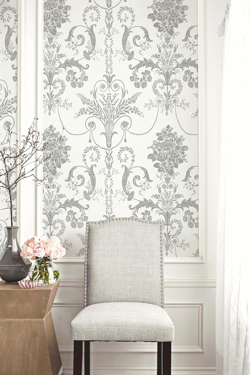Silver Gray Damascus Wallpaper Floral Damask Peel and Stick Wallpaper Boho Grey Flower Contact Paper Removable 17.3" X 197"