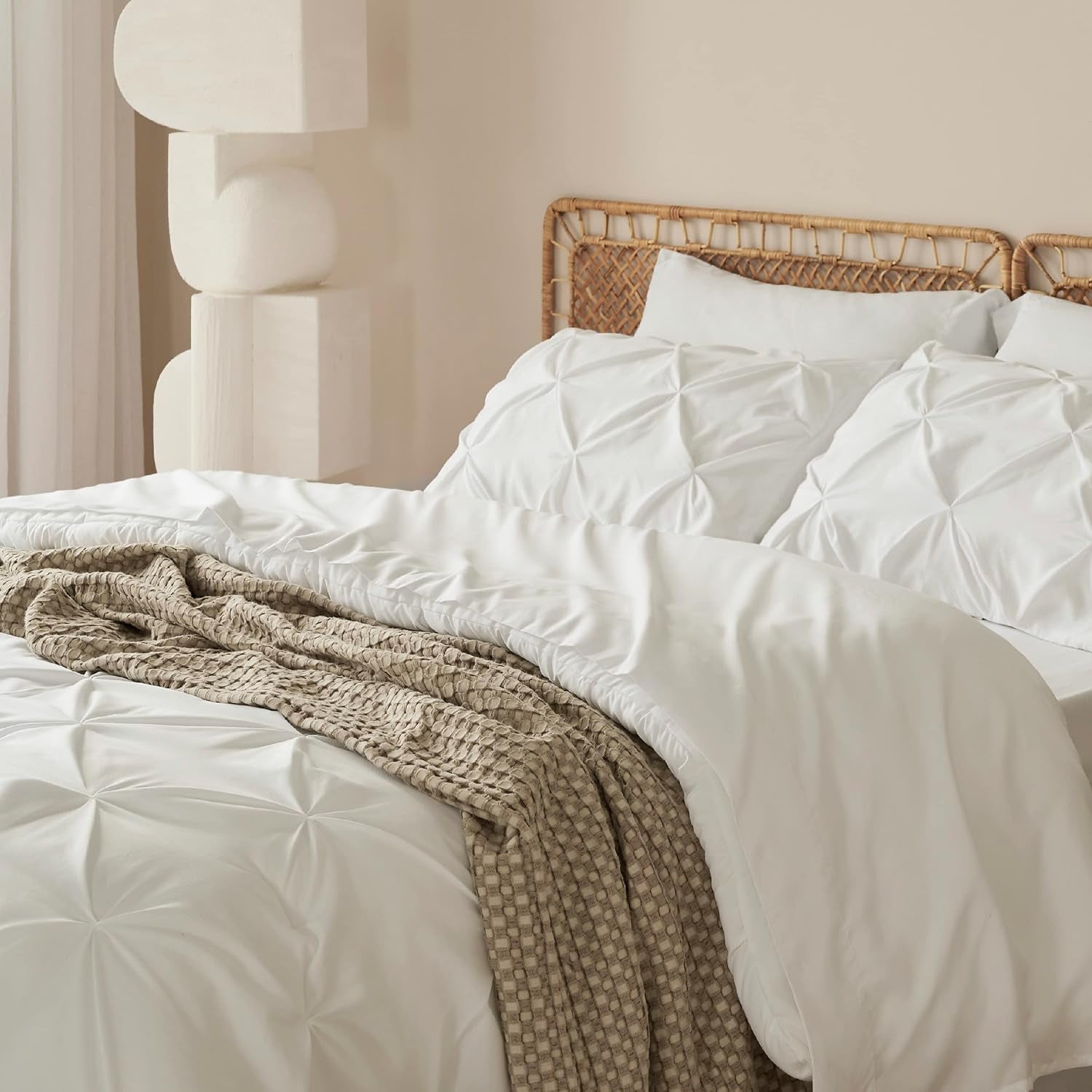 Ivory Comforter Set Queen - Bed in a Bag Queen 7 Pieces, Pintuck Bedding Sets Ivory Bed Set with Comforter, Sheets, Pillowcases & Shams
