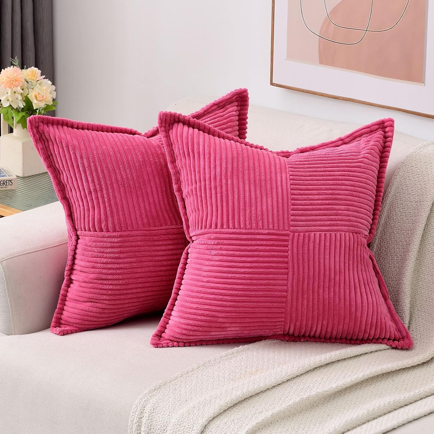 Hot Pink Throw Pillow Covers 18X18 Inch Set of 2, Soft Solid Corduroy Striped