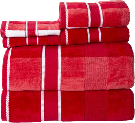 6PC Towel Set - Absorbent Cotton Bathroom Accessories - Solid and Striped Towels (Red)