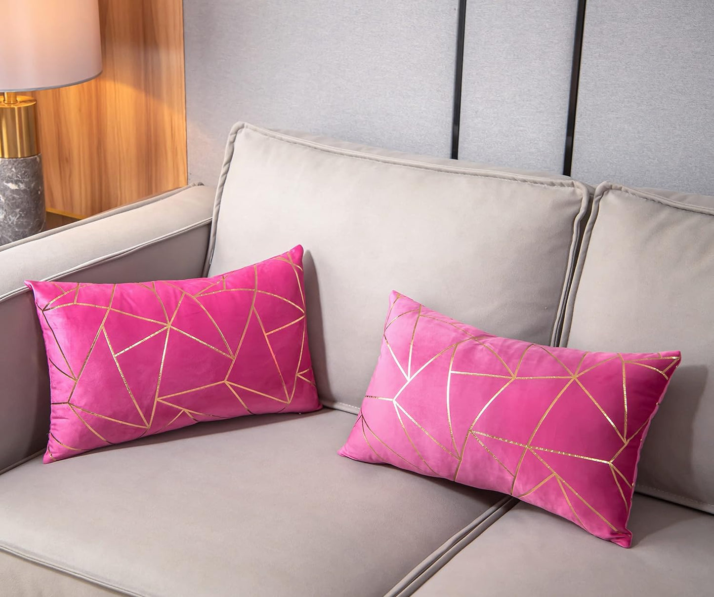 Pack of 2 Soft Velvet Lumbar Throw Pillow Covers Decorative Golden Foil Geometric Pattern Rectangle Cushion Case for Modern Homes Couch Sofa Bedroom Living Room Car Chair(Super Pink, 12“X20”)