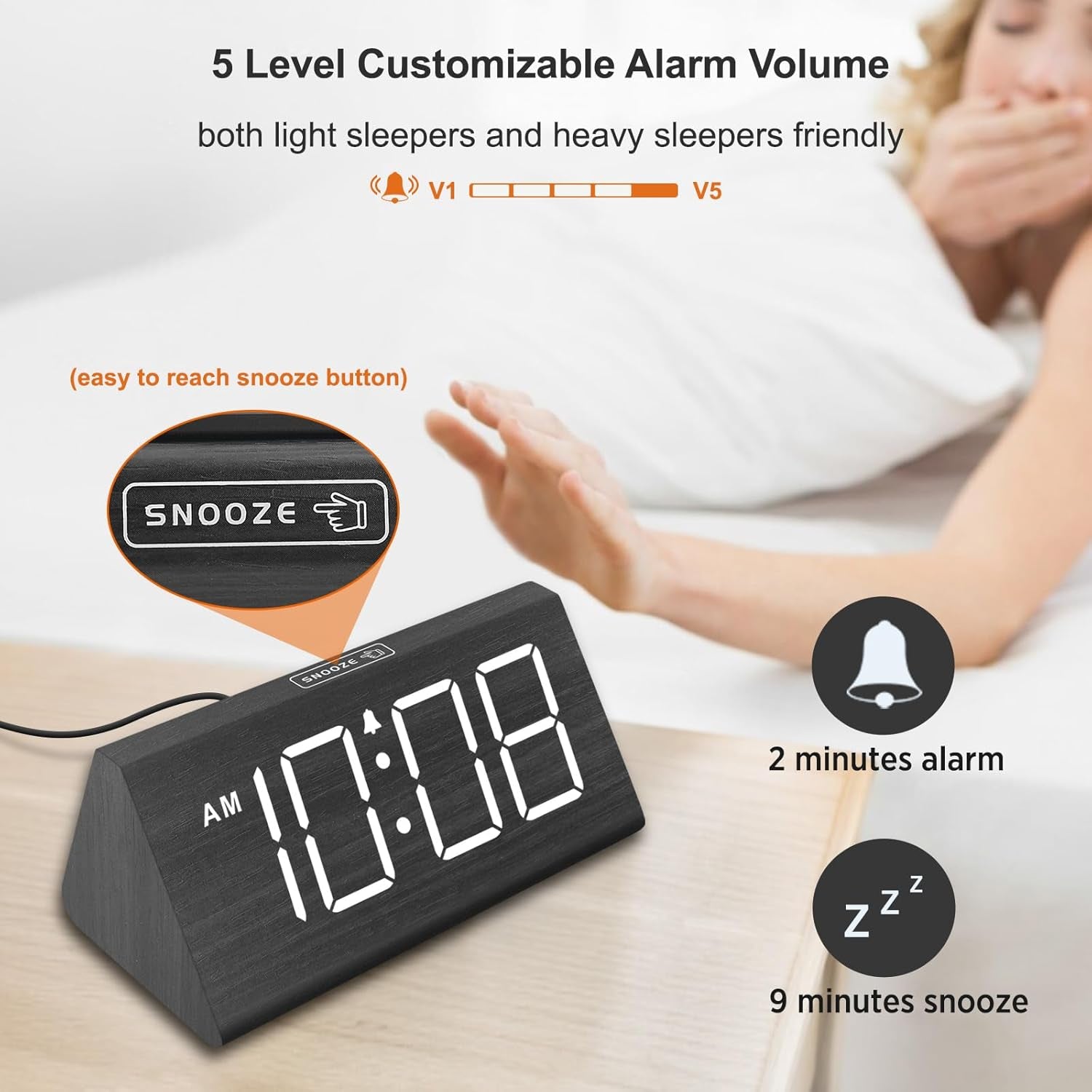 Wooden Digital Alarm Clocks for Bedrooms - Electric Desk Clock with Large Numbers, USB Port, Loud Alarm for Heavy Sleepers