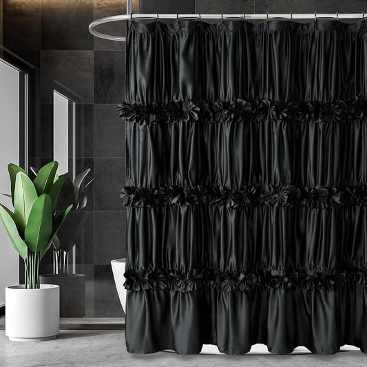 Black Ruffle Shower Curtain, Vintage Handcrafted Satin Curtain with 12 Buttonholes, 72" W X 72" H (LQ-10)