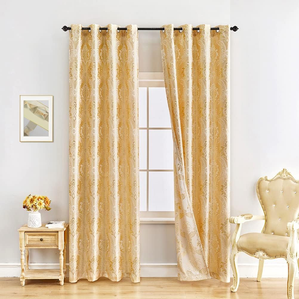 Luxury Gold Curtains, Grommet Top,2 Panels (Damask-Golden, 52" W X 84" L)