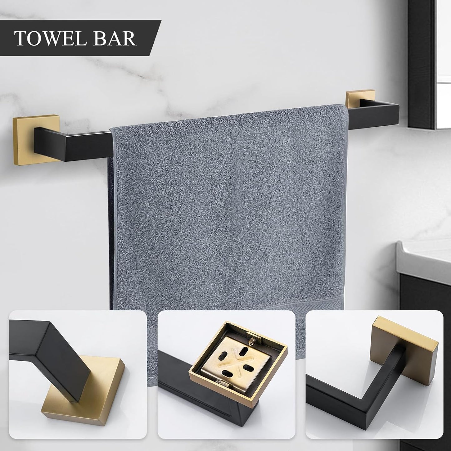 Black and Gold 5-Piece Bathroom Hardware Set, Stainless Steel Wall Mounted