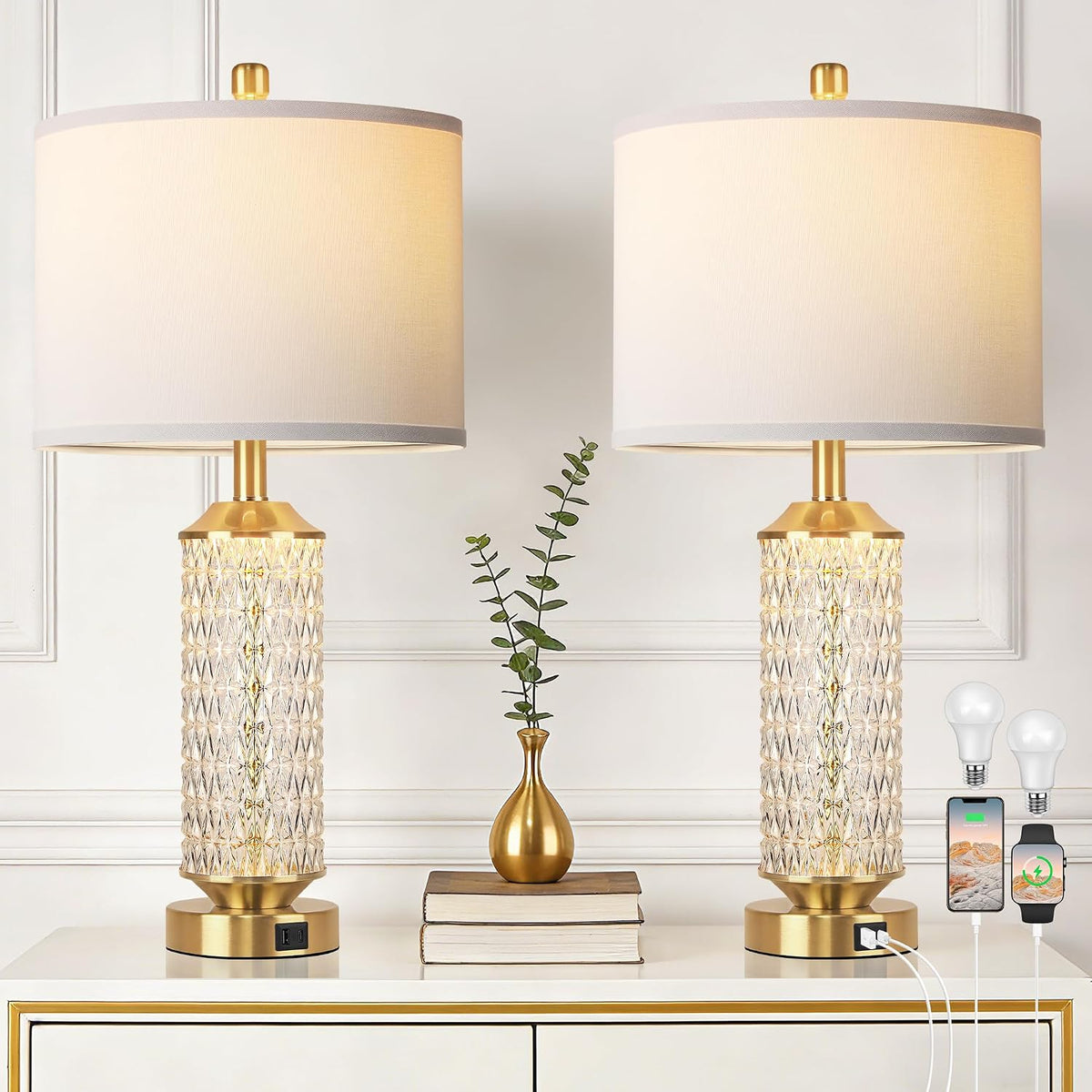 Glass Table Lamps Set of 2, Modern Gold Lamps, Two 2700K LED Bulbs, High-Transparency Glass Body