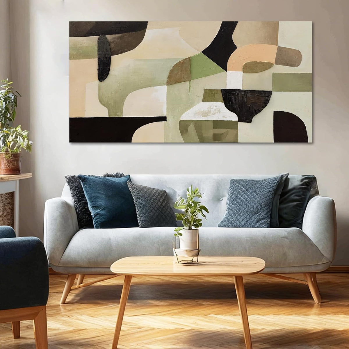 Modern Abstract Green Beige Canvas Wall Art for Living Room 24X48 Inch