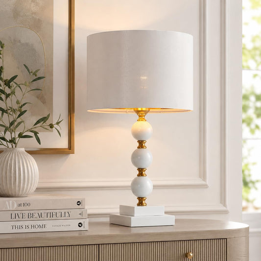 Modern White Gold Shiny Table Lamp, Vintage Decorative with Linen Shade [LED Bulb Included]