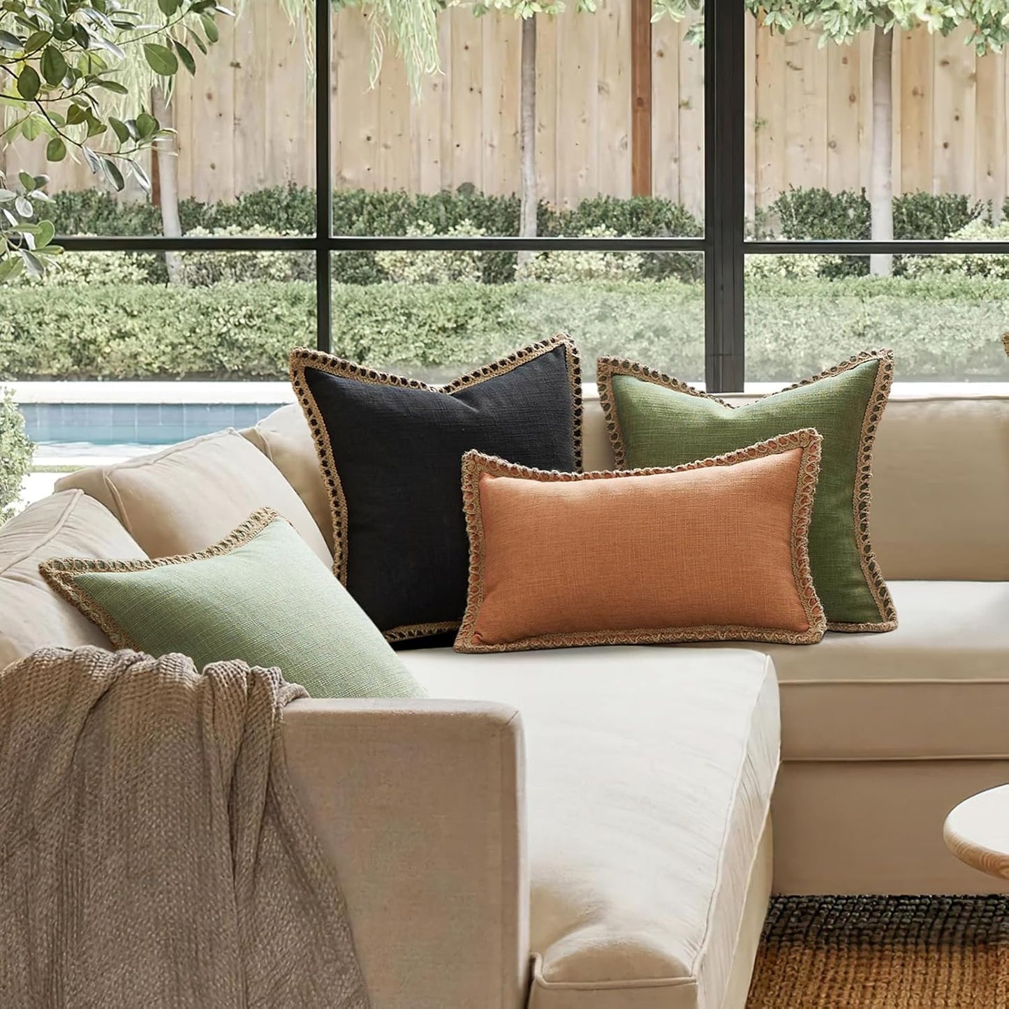 Pack of 2 Farmhouse Decorative Throw Pillow Cover Solid Burlap Linen Trimmed Tailored Edges, Olive Green, 20 X 20 Inches