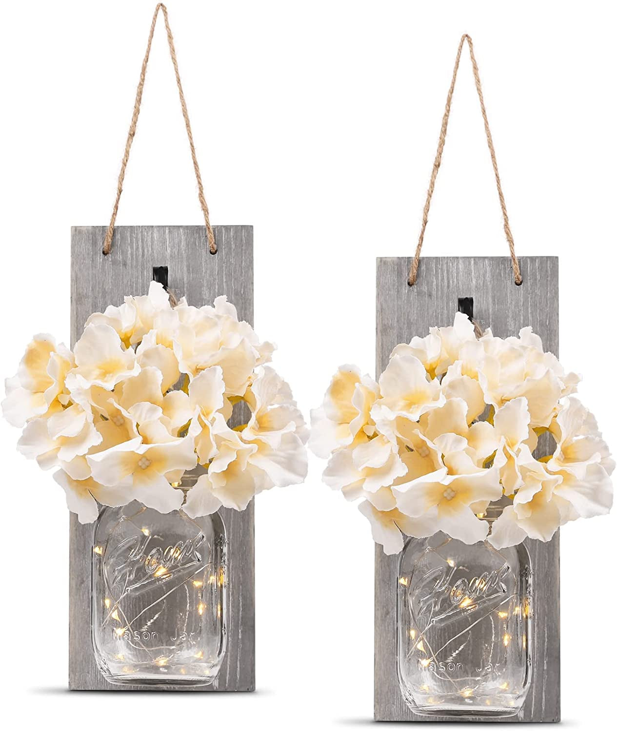 Decorative Mason Jar Wall Decor - Rustic Wall Sconces with 6-Hour Timer LED Fairy Lights and Flowers - Farmhouse Home Decor (Set of 2)