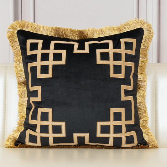 18 X 18 Inch Luxury European Home Decorative Pillow with Tassels, Velvet, Black Gold