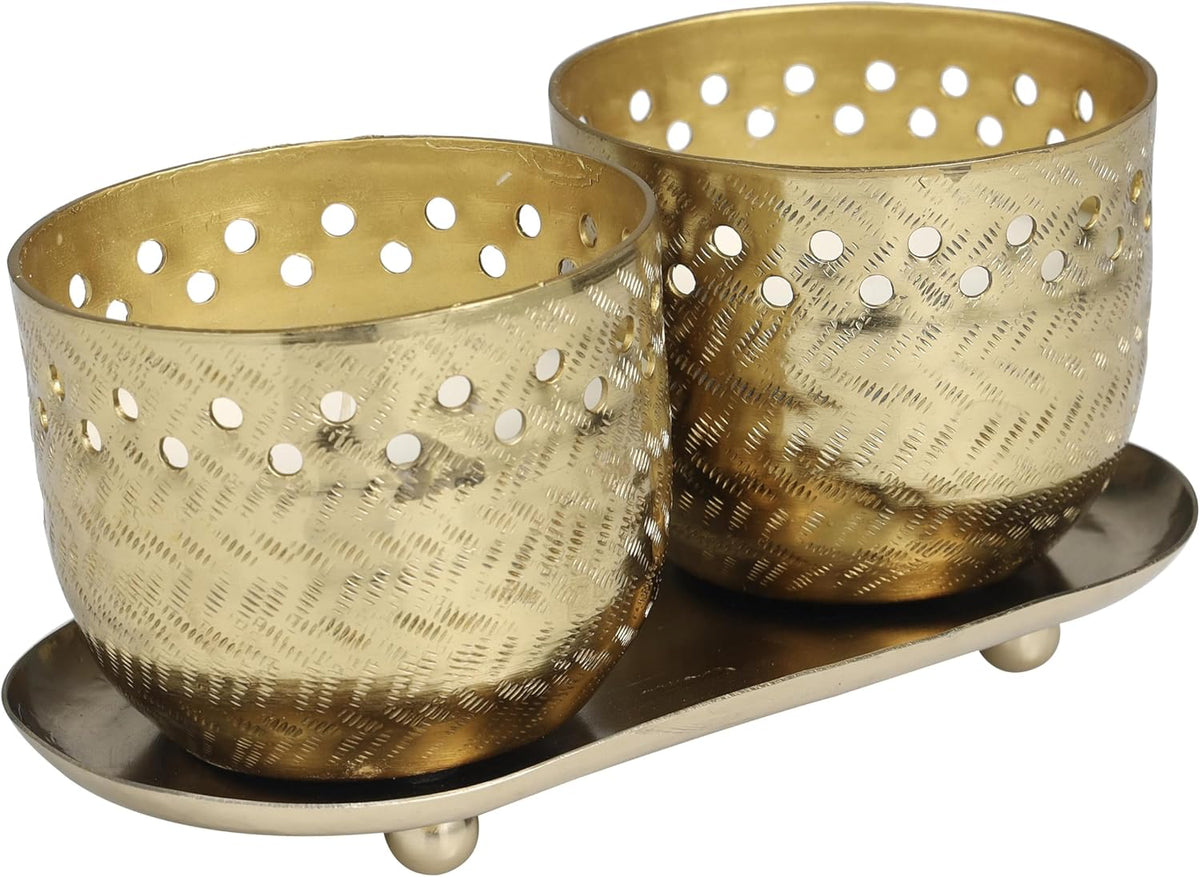 Deco 79 Metal Candle Egyptian Mint Scented Cutout Spotted 7 Oz 1 Wick with White Wax, Set of 2 8" W, 4" H, Gold