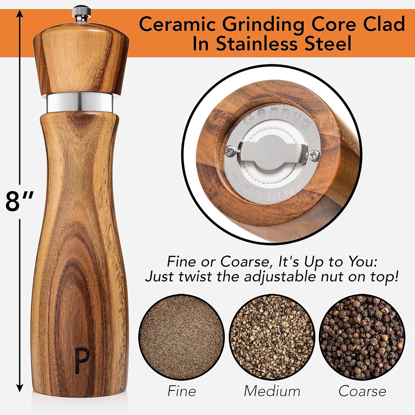 Wooden Salt and Pepper Grinder Set: Refillable Salt & Pepper Mills Adjust for Customized Coarseness, 8 Inches Each