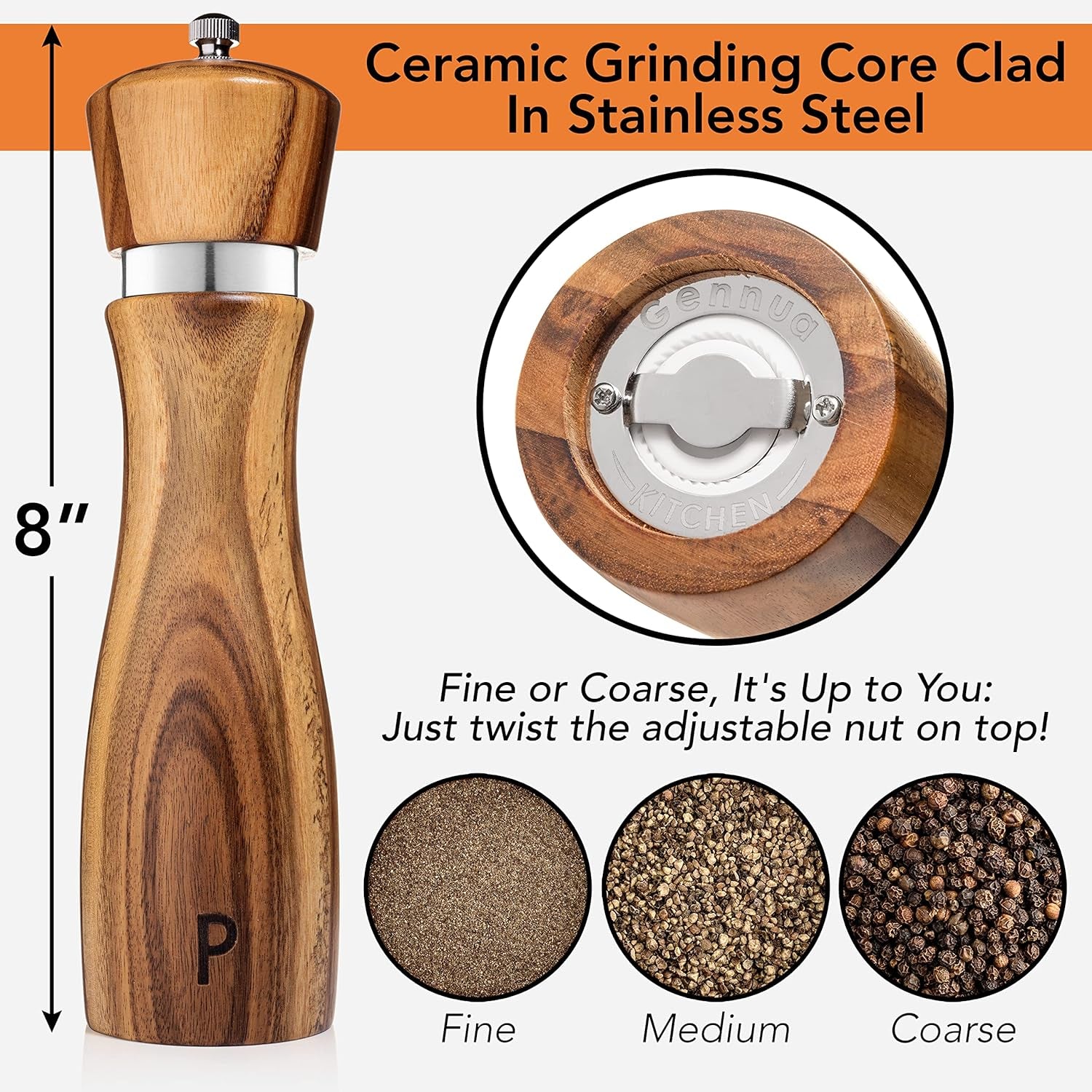 Wooden Salt and Pepper Grinder Set: Refillable Salt & Pepper Mills Adjust for Customized Coarseness, 8 Inches Each