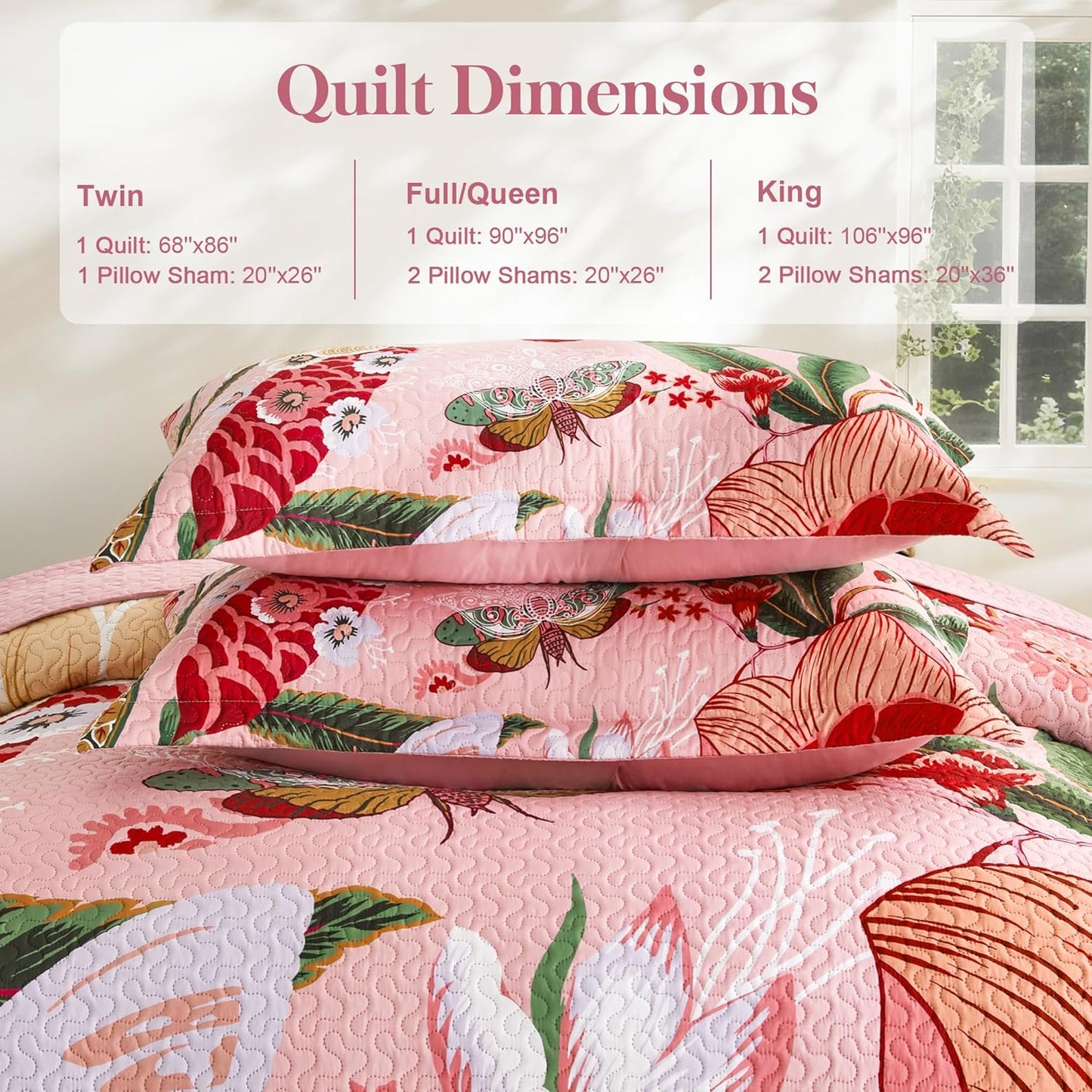 3 Piece Pink Boho Floral Full/Queen Quilt Sets Farmhouse Botanical Reversible Lightweight Bedspread Butterfly Leaves, 118''X106''