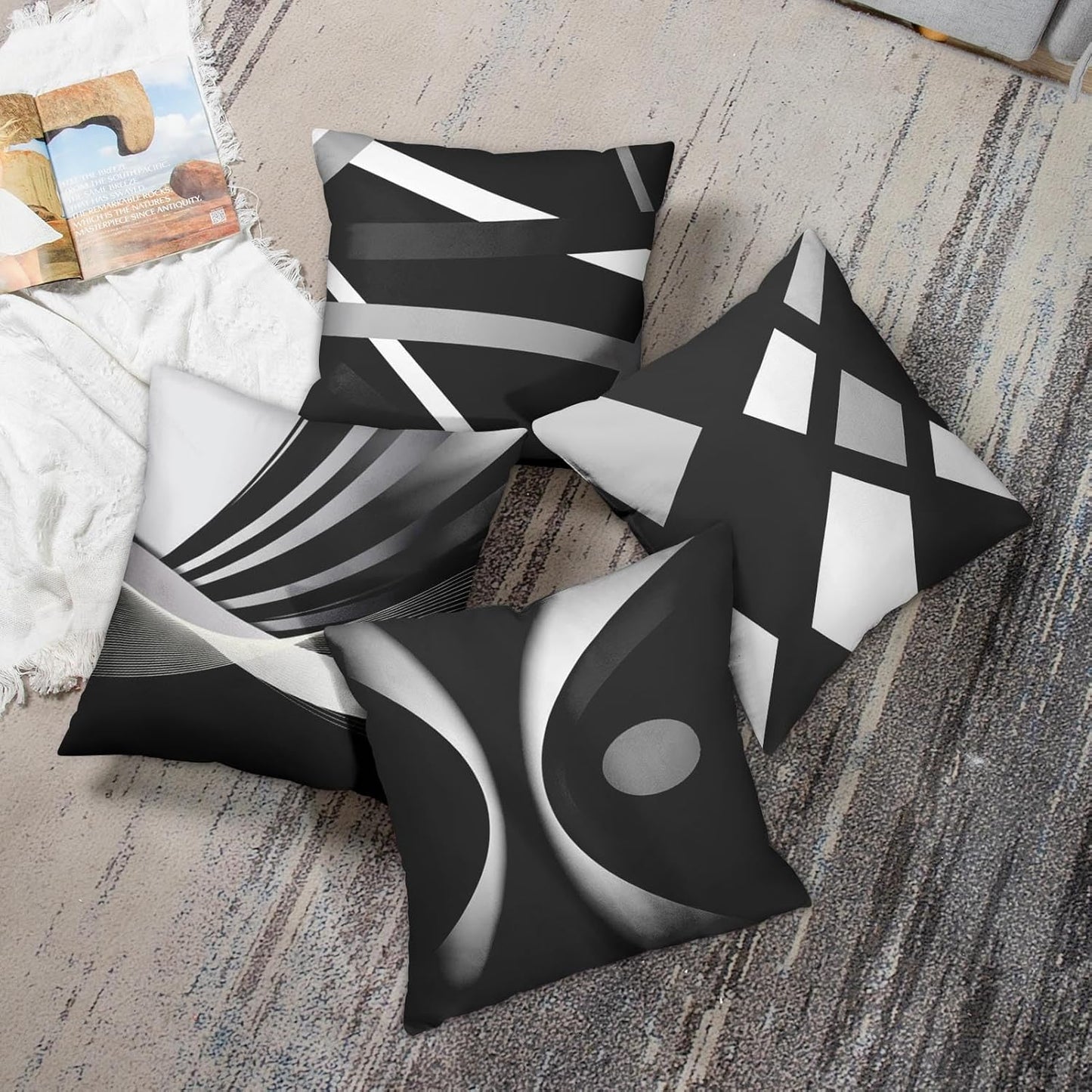 Set of 4 Black Throw Pillow Covers Modern Abstract Grey & White Stripes 20X20 Inches 
