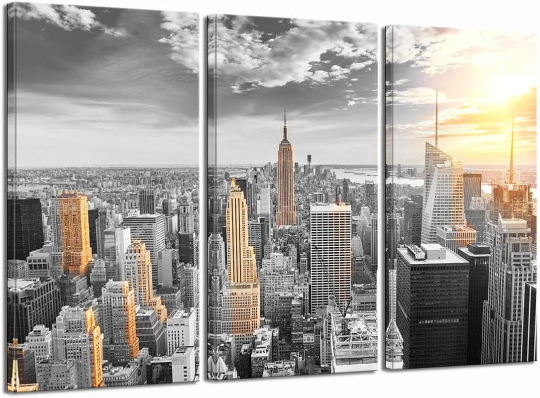 Large 3 Piece New York City Canvas Wall Art Modern Black and White NYC at Gold Sunset Picture Prints Cityscape Skyline Poster Framed for Home Office Living Room Decor