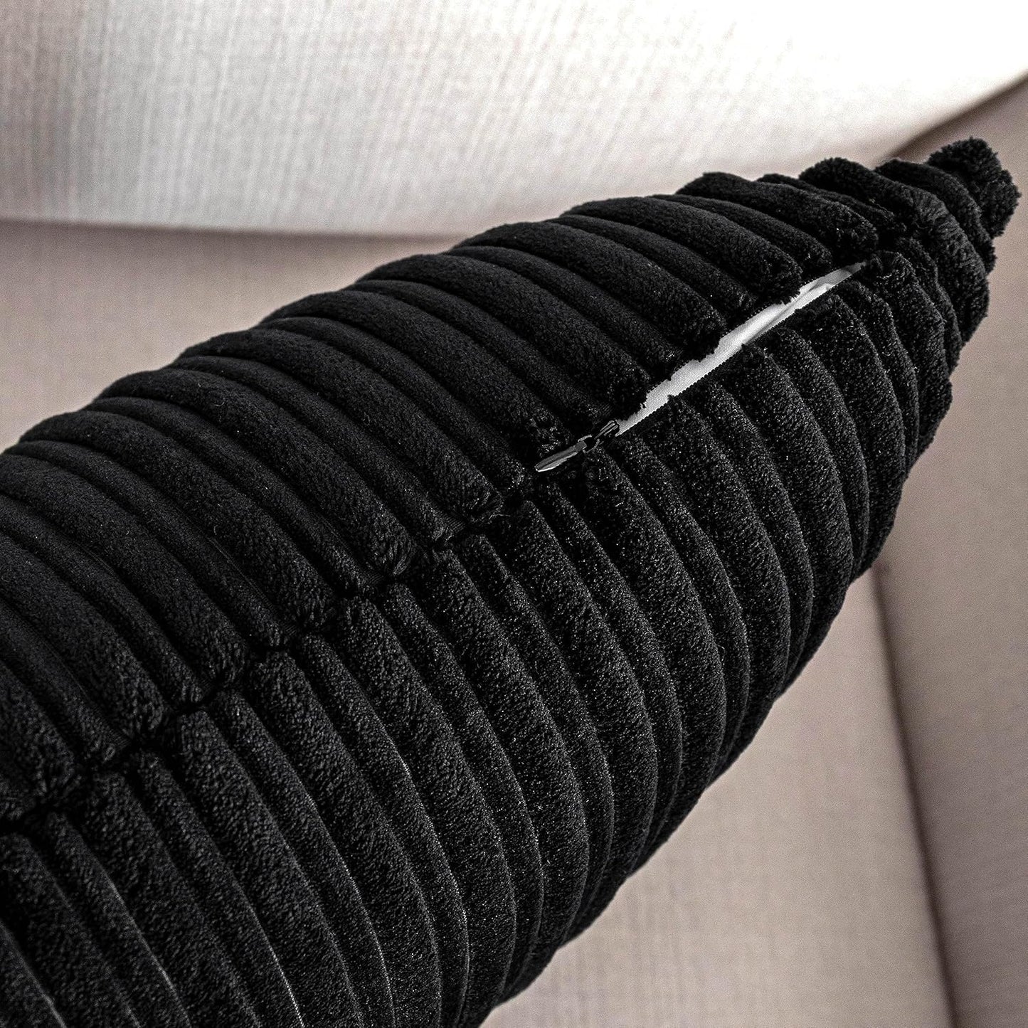 UGASA Velvet Lumbar Throw Pillow Cover, Both Sides Corduroy Striped Soft Solid, 12X20 Inch, Black