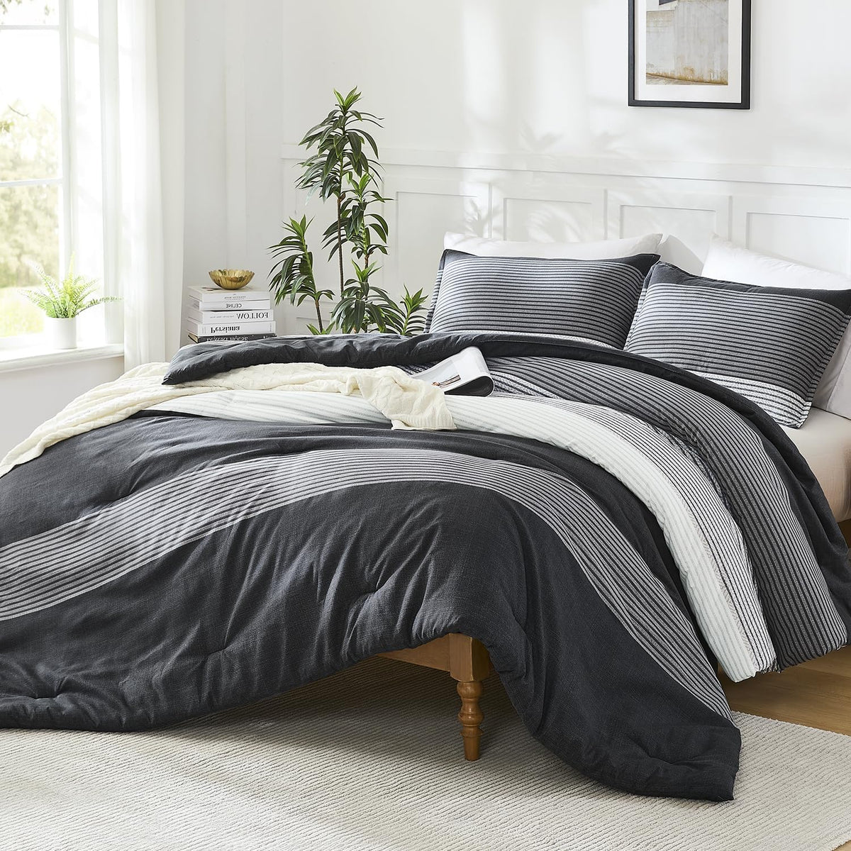 Queen Comforter Set Black - 3 Pieces Stripe Bedding Comforter Sets