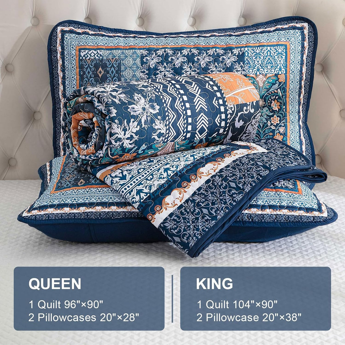 Boho Quilt Set Twin, 3 Pcs Navy Blue Patchwork Bedspread Set