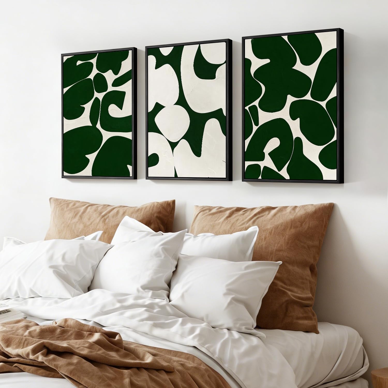 3Pcs Framed Canvas Wall Art, Neutral Abstract Wall Art for Living Room, Green and White Pictures 12X16