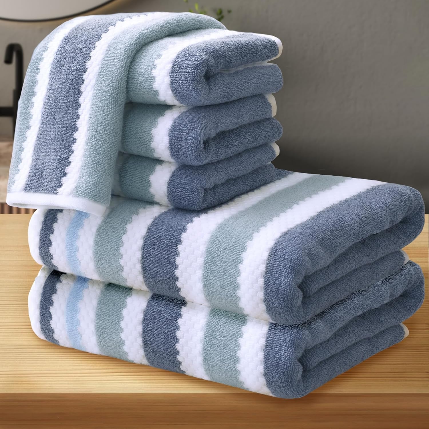 Thick Waffle Towels for Bathroom - Cotton, 6 Piece, Blue Gray Striped and White Checkered