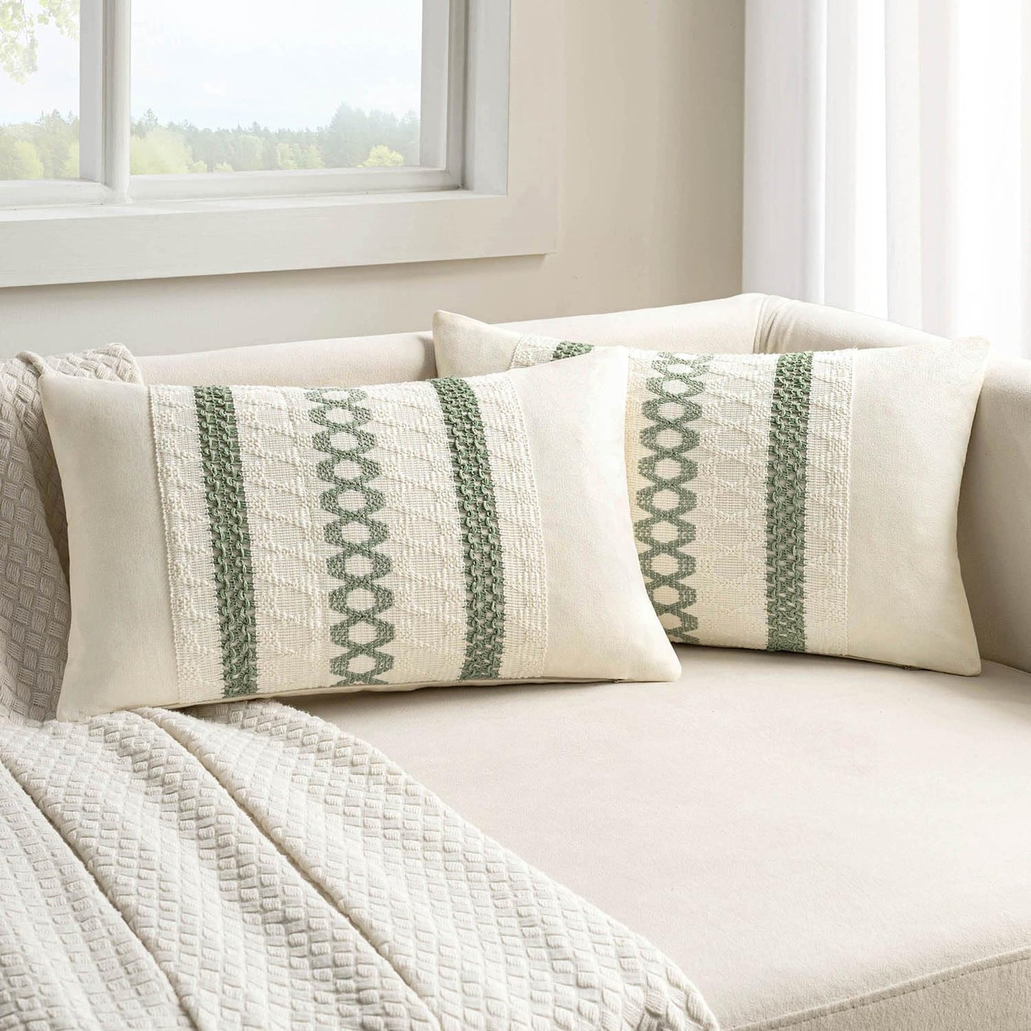 Set of 2 Sage Green Boho Decorative Lumbar Pillow Covers 12X20 Inch Farmhouse 