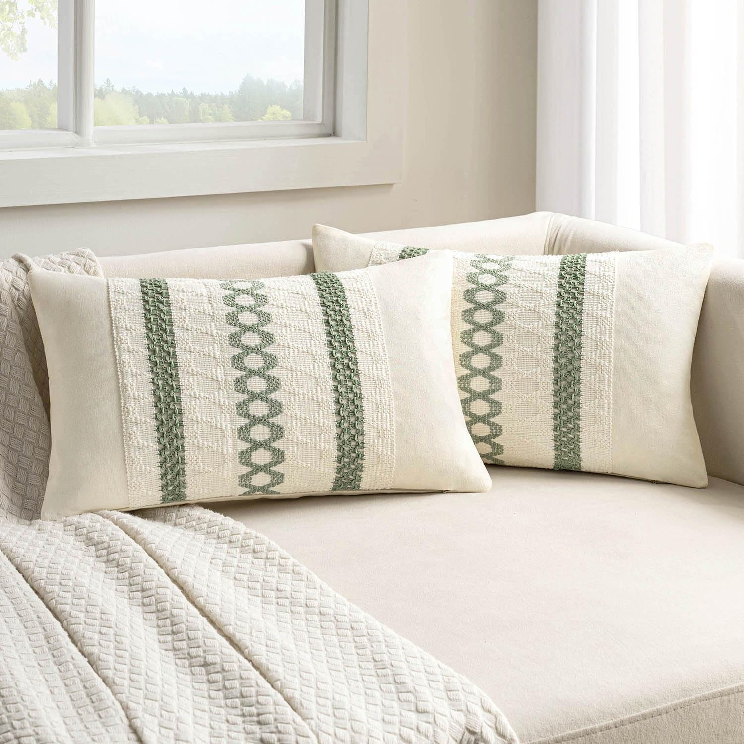 Set of 2 Sage Green Boho Decorative Lumbar Pillow Covers 12X20 Inch Farmhouse 