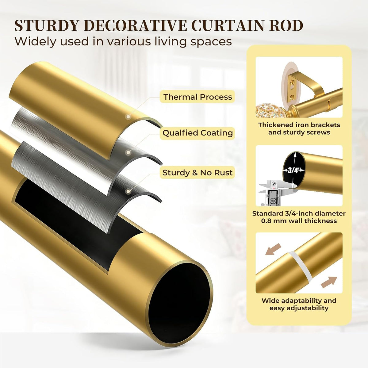 Gold Decorative Crystal Curtain Rods,1" Heavy Duty Adjustable 66-120"