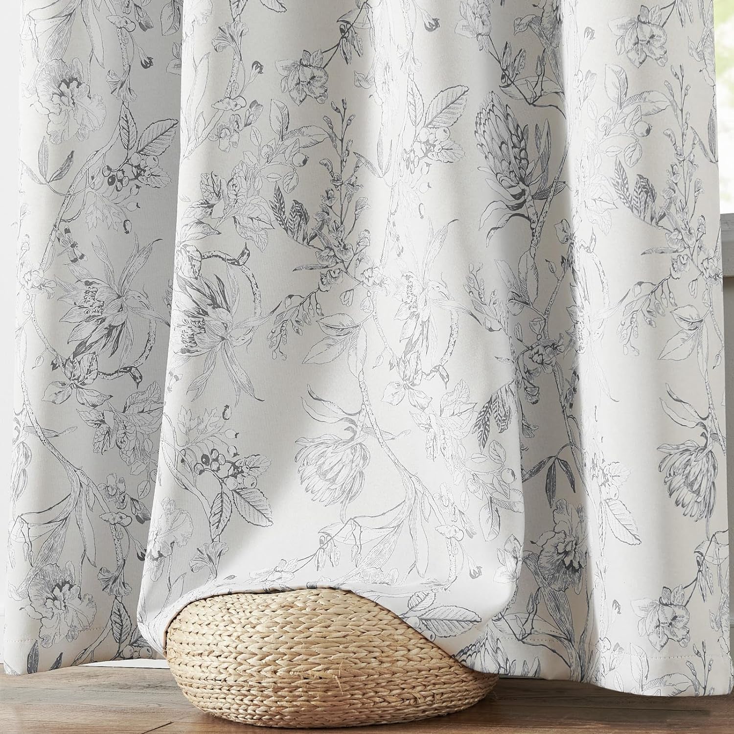 Floral 100% Blackout Curtains for Bedroom 84 Inches Long, Grey Flower-Patterned Curtains 2 Panels