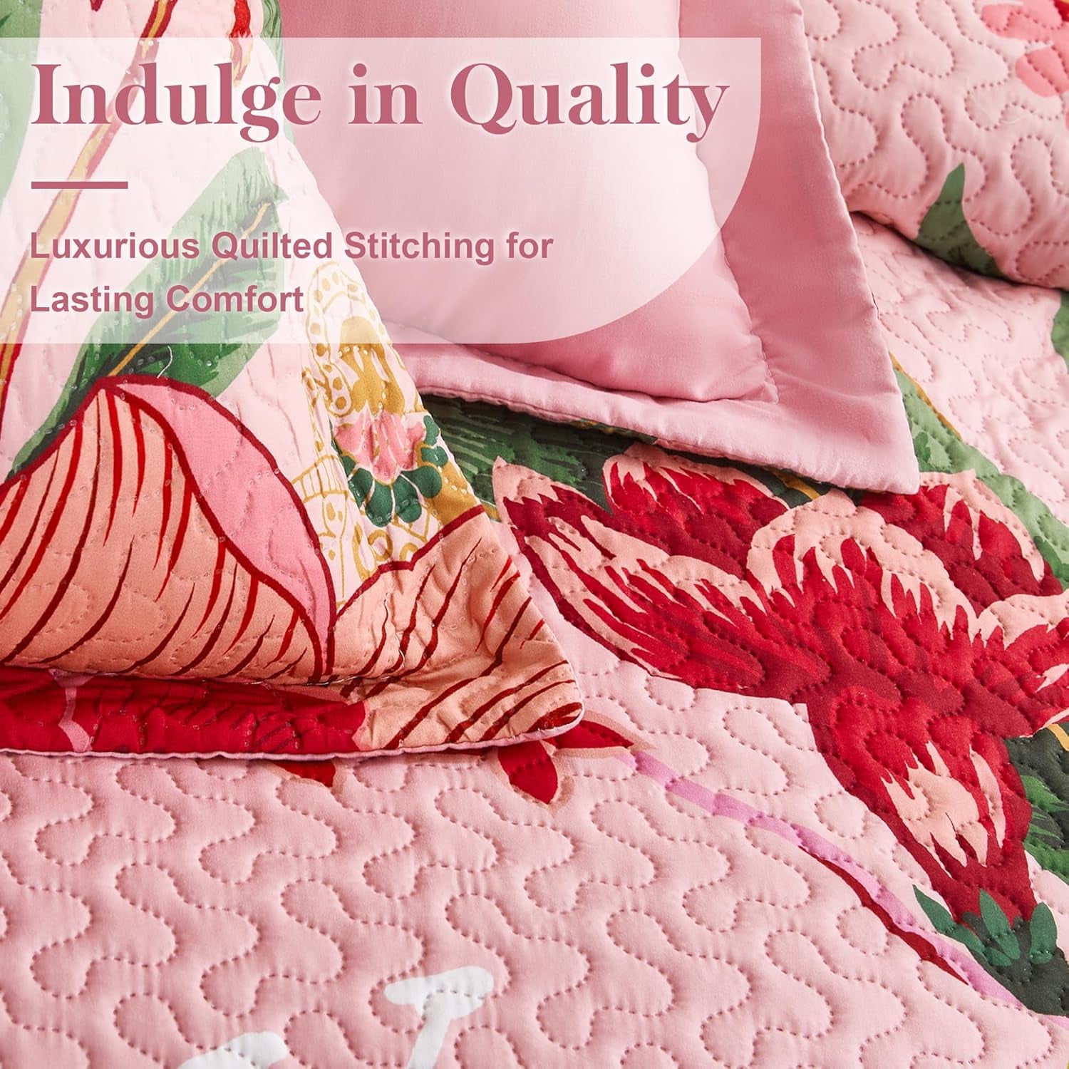 3 Piece Pink Boho Floral Full/Queen Quilt Sets Farmhouse Botanical Reversible Lightweight Bedspread Butterfly Leaves, 118''X106''