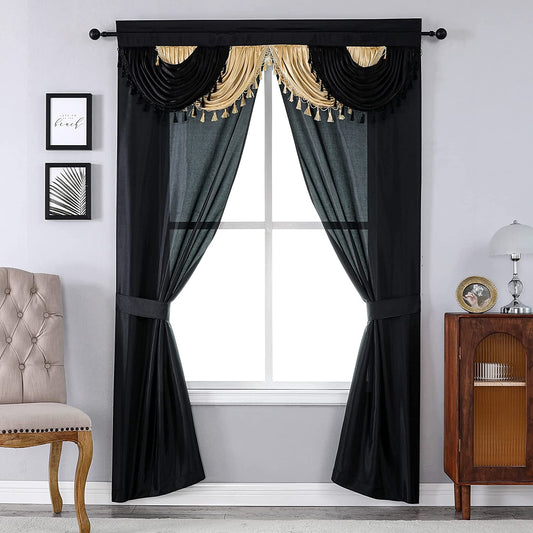 Amore 5-Piece Window Curtain Set, Panels with Attached Valance and 2 Tiebacks,54-Inch W X 84-Inch (Black/Gold)