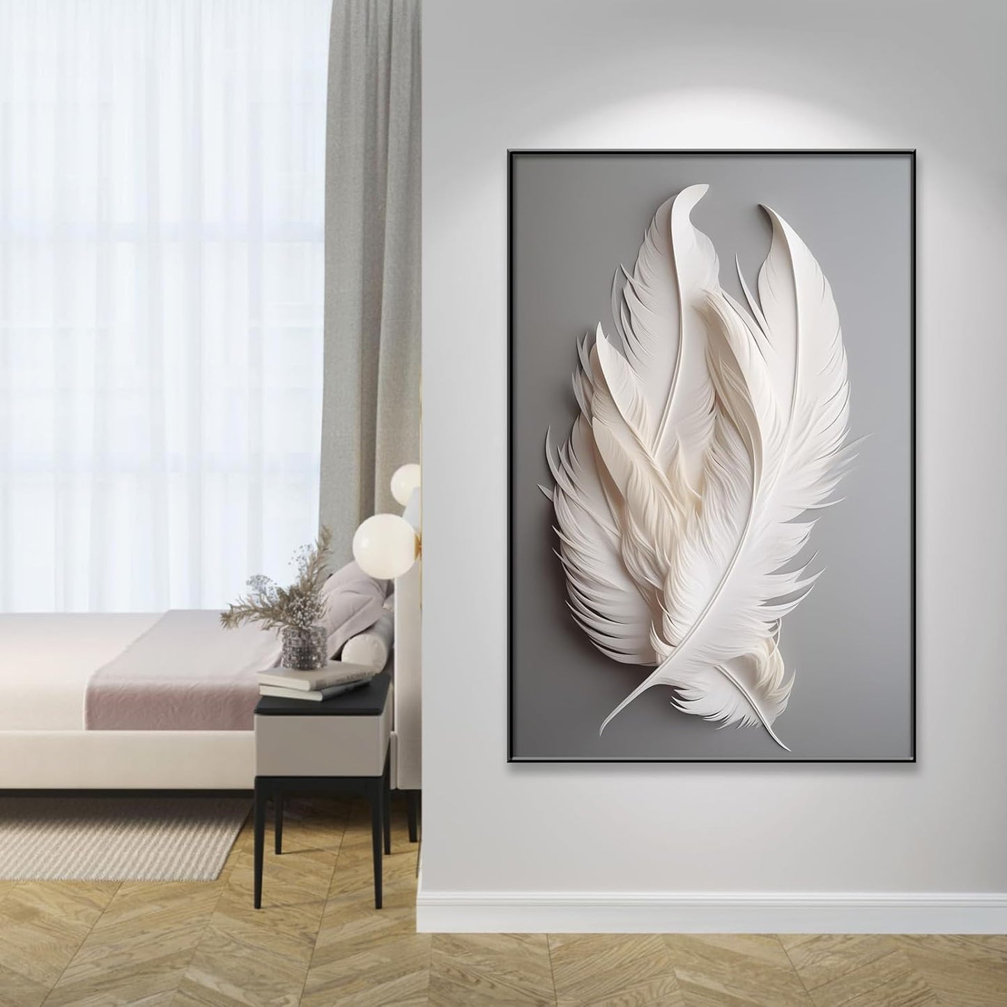 White Feather Canvas Wall Art (Black Framed, 15"X24"|40X60Cm)