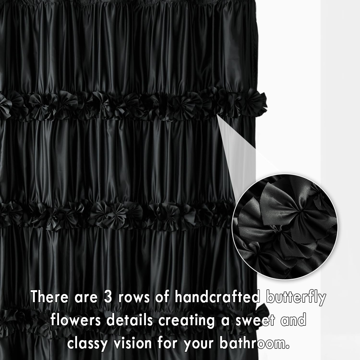 Black Ruffle Shower Curtain, Vintage Handcrafted Satin Curtain with 12 Buttonholes, 72" W X 72" H (LQ-10)