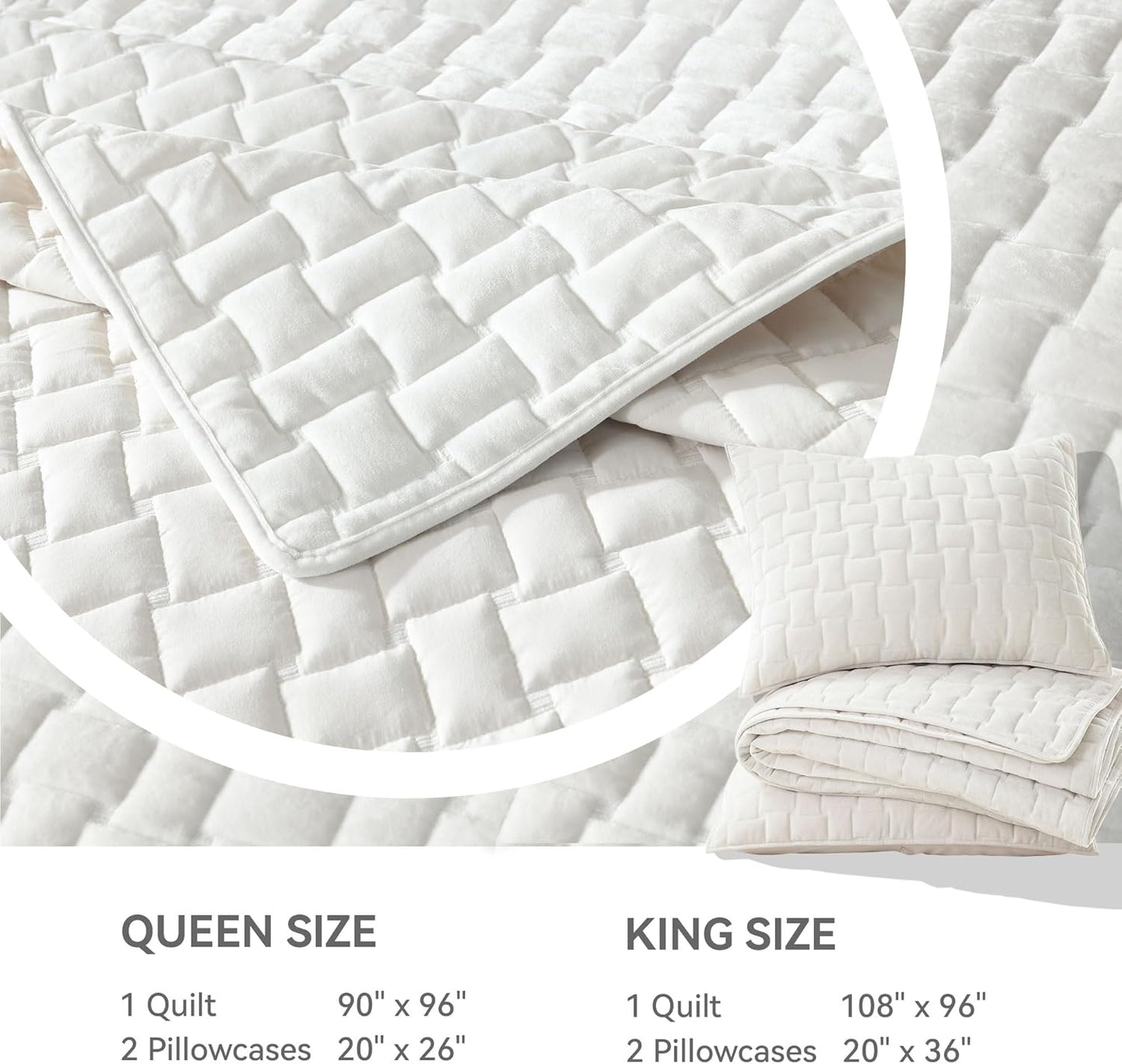 Velvet Quilt King Size - Luxury Cozy Cream White Set, Lightweight 